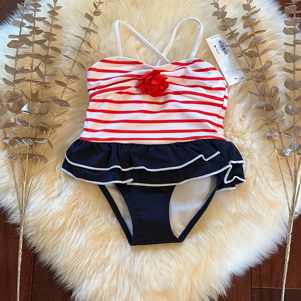 NWT Janie and Jack retro red white blue striped print Americana girls swimsuit!